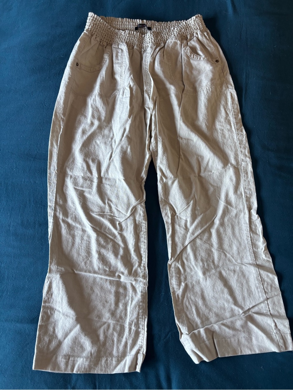 Roz & Ali Women’s Light Beige Elastic waist Linen and Cotton pants